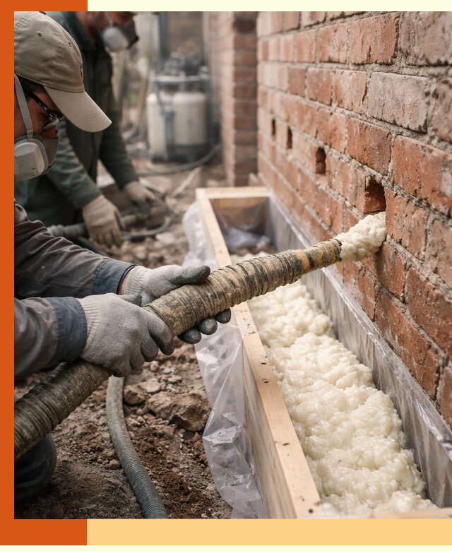 Заливка ППУ в пустоты кирпичной стены в Еманжелинске